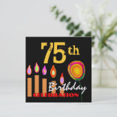 75. Geburtstagsgoldkerzen und Ballon-Metallic Einladung (Stehend Vorderseite)