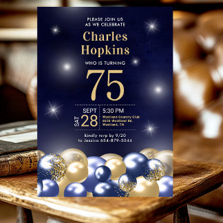 75. Geburtstagsparty Navy Blue Gold Ballons Einladung