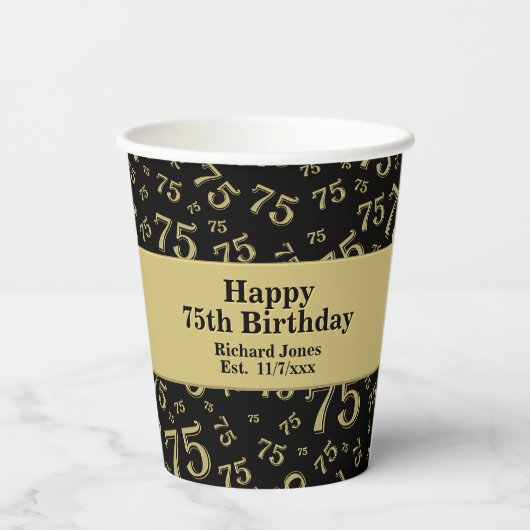 75. Happy Birthday Black/Gold Zahlenmuster Pappbecher (Rückseite)