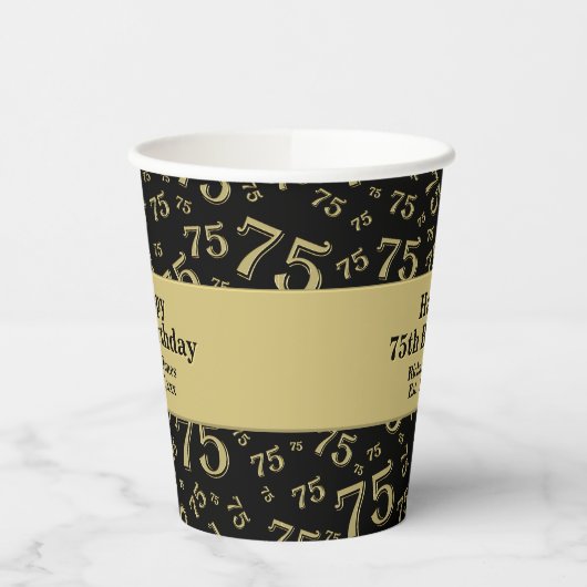 75. Happy Birthday Black/Gold Zahlenmuster Pappbecher (Links)
