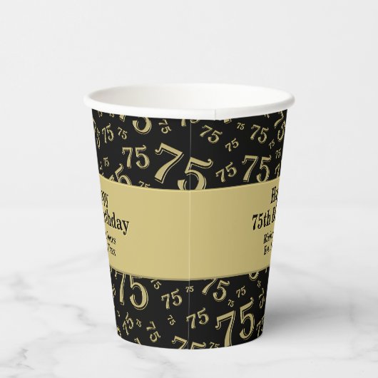 75. Happy Birthday Black/Gold Zahlenmuster Pappbecher (Rechts)