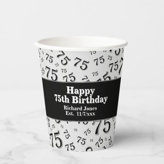 75. Happy Birthday Black/White Number Pattern Pappbecher (Vorderseite)