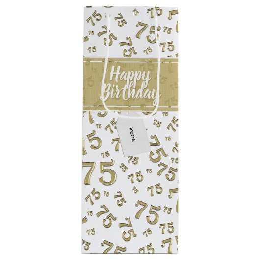 75. Happy Birthday Gold/White Number Pattern Geschenktüte Für Weinflaschen (Vorderseite)