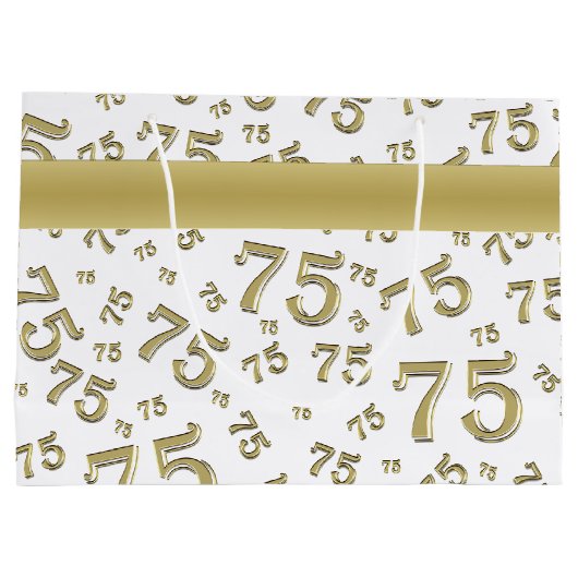 75. Happy Birthday Gold/White Number Pattern Große Geschenktüte (Rückseite)