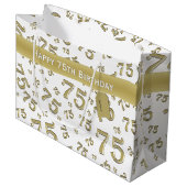75. Happy Birthday Gold/White Number Pattern Große Geschenktüte (Vorderseite Schrägansicht)