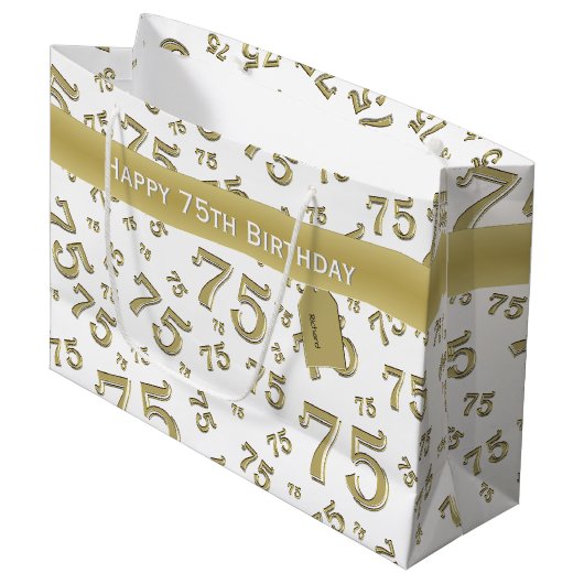 75. Happy Birthday Gold/White Number Pattern Große Geschenktüte (Vorderseite Schrägansicht)