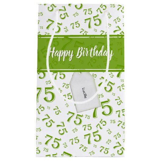 75. Happy Birthday Green/White Number Pattern Kleine Geschenktüte (Vorderseite)