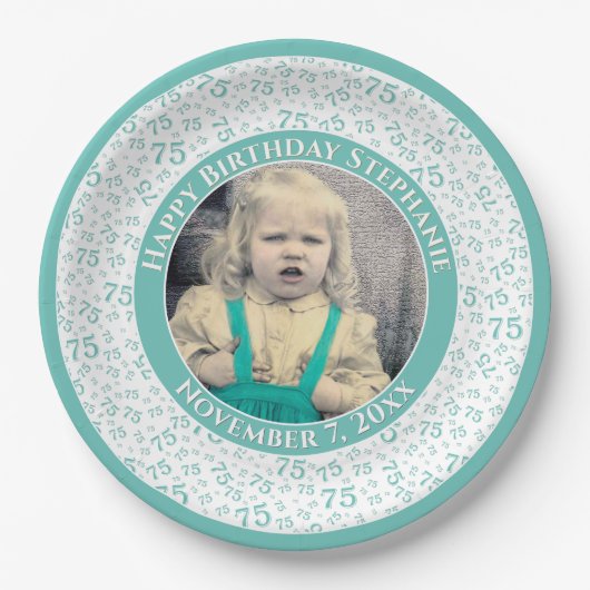 75 Ihr Foto Random Number Pattern Aquamarin/weiß Pappteller (Vorderseite)
