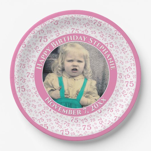 75 Ihr Foto Random Number Pattern Rosa/Weiß Pappteller (Vorderseite)