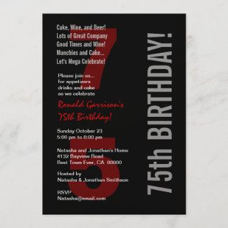 75. Modern Birthday Schwarz-weiß Red Metallic Einladung