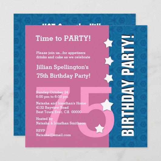 75. Modern Birthday Stars Funny A75A PINK Einladung (Vorne/Hinten)