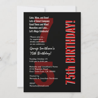 75. Modern Modern Birthday Schwarz-weiß Red Templa Einladung