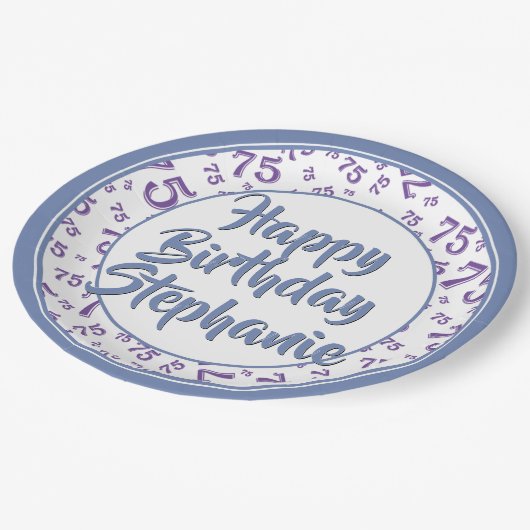 75. Party Random Number Pattern Blau/Weiß Pappteller (Schrägansicht)