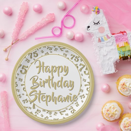 75. Party Random Number Pattern Gold/Weiß Pappteller (Party)