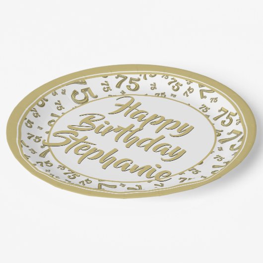 75. Party Random Number Pattern Gold/Weiß Pappteller (Schrägansicht)