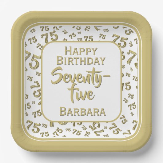 75. Party Random Number Pattern Gold/Weiß Pappteller (Vorderseite)