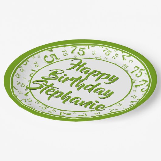 75. Party Random Number Pattern Grün/Weiß Pappteller (Schrägansicht)