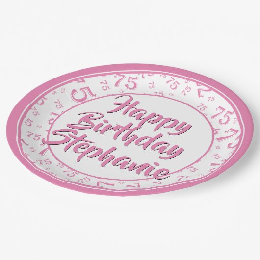 75. Party Random Number Pattern Rosa/Weiß Pappteller (Schrägansicht)