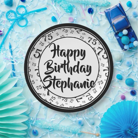 75. Party Random Number Pattern Schwarz/Weiß Pappteller (Party)