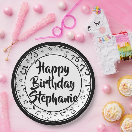 75. Party Random Number Pattern Schwarz/Weiß Pappteller (Party)