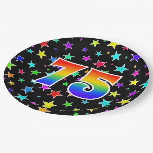 75. Veranstaltung: Fett, Spaß, farbiger Regenbogen Pappteller (Schrägansicht)