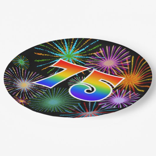 75. Veranstaltung - Spaß, farbenfroh, kühl, Regenb Pappteller (Schrägansicht)