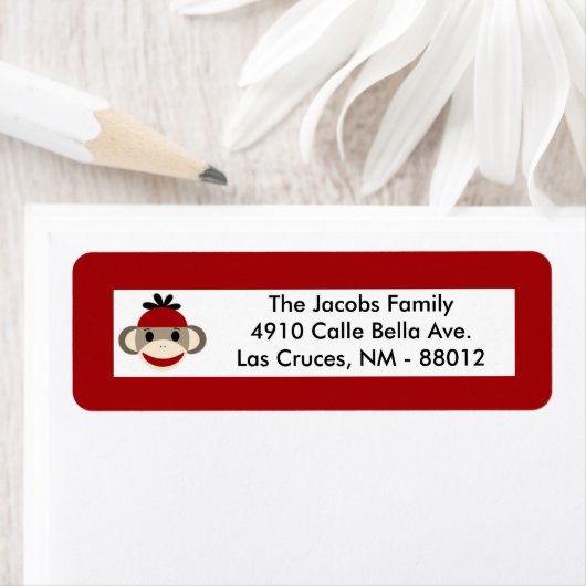 .75"x2.25" Rücksendeadresse Label Red Sock Affe (Insitu)