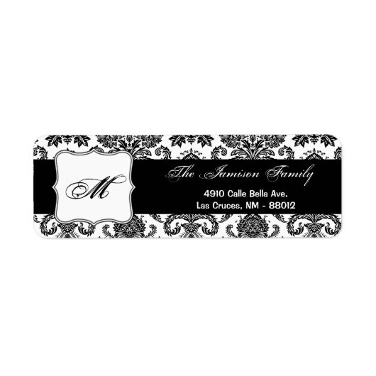 .75"x2.25" Rücksendeadresse Schwarz-weiß Damask (Vorne)