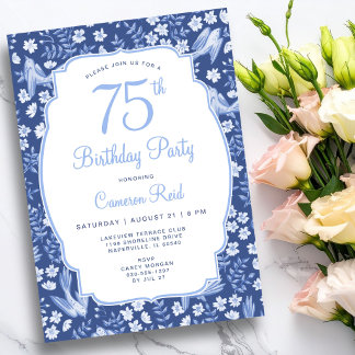 75th Birthday Elegant Feminine Floral Blue Bird Einladung
