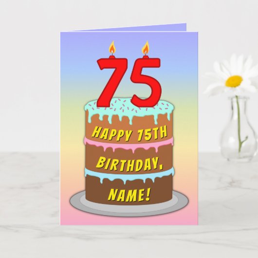 75th Birthday — Fun Cake & Candles, w/ Custom Name Karte (Kleine Pflanze)