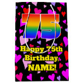75th Birthday: Loving Hearts Pattern, Rainbow # 75 Mittlere Geschenktüte (Vorderseite)
