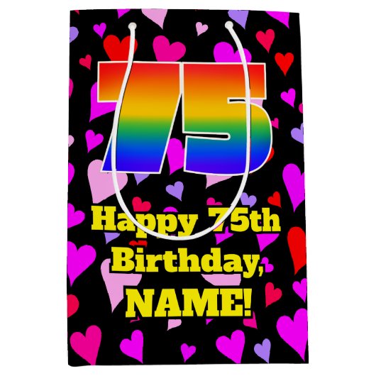 75th Birthday: Loving Hearts Pattern, Rainbow # 75 Mittlere Geschenktüte (Vorderseite)