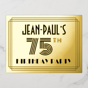 75th Birthday Party Art Deco Style "75" + Name Folie Einladungspostkarte