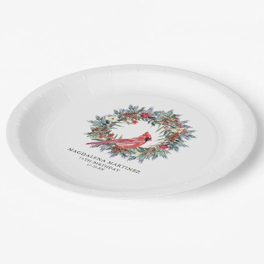 75th Birthday Party Red Cardinal Wreath Custom Pappteller (Schrägansicht)