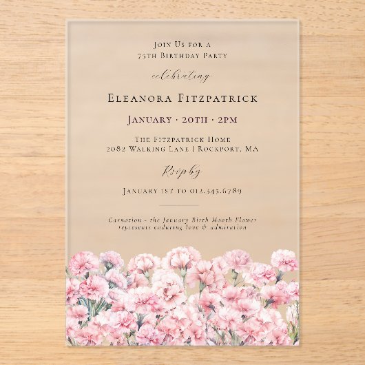 75th Birthday Pink Carnation January Birth Flower Acryleinladungen (Vorderseite)