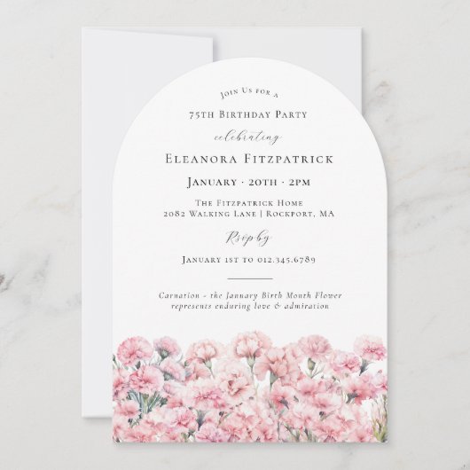 75th Birthday Pink Carnation January Birth Flower Einladung (Vorderseite)