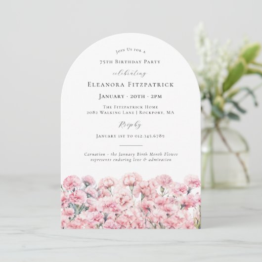 75th Birthday Pink Carnation January Birth Flower Einladung (Stehend Vorderseite)