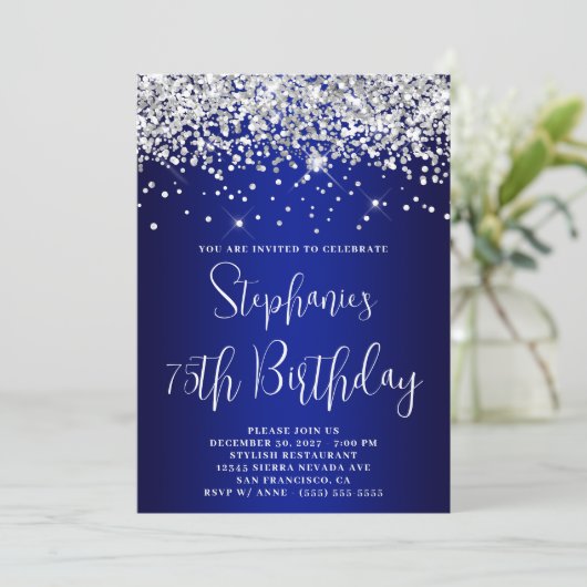 75th Birthday Silver Glitter Royal Blue Navy Ombre Einladung (Stehend Vorderseite)