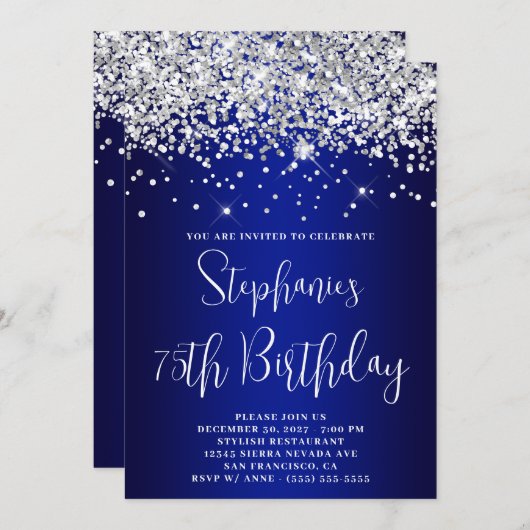 75th Birthday Silver Glitter Royal Blue Navy Ombre Einladung (Vorne/Hinten)