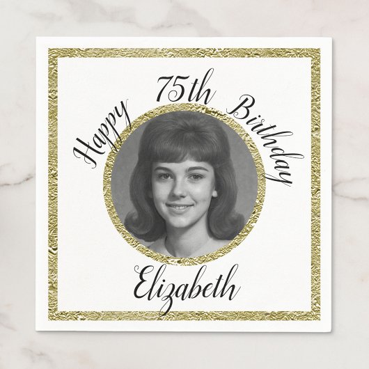 75th Custom Photo White and Gold Birthday Serviette