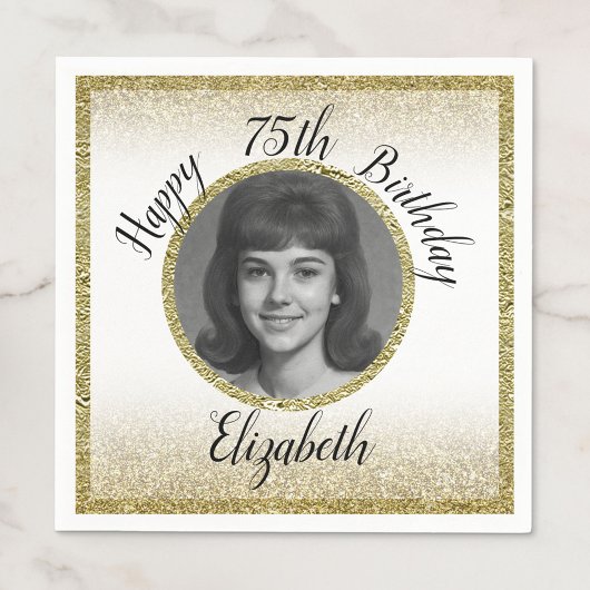 75th Custom Photo White and Gold Birthday Serviette