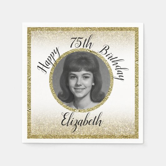 75th Custom Photo White and Gold Birthday Serviette (Vorderseite)