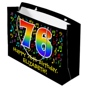 76. Geburtstag - Farbige Musiksymbole, Regenbogen  Große Geschenktüte