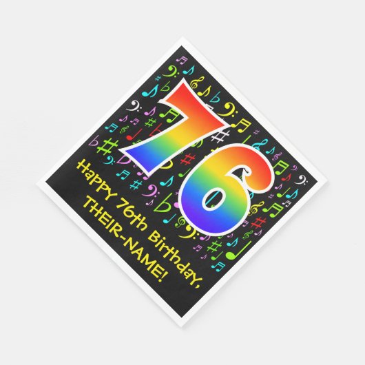 76. Geburtstag - Farbige Musiksymbole, Regenbogen Serviette (Ecke)