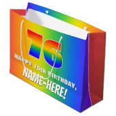 76. Geburtstag: Farbiges, lustiges Regenbogenmuste Große Geschenktüte (Vorderseite Schrägansicht)