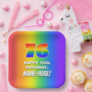 76. Geburtstag: Farbiges, lustiges Regenbogenmuste Pappteller