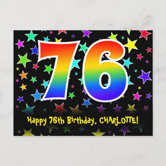 76. Geburtstag: Fun Stars Muster, Regenbogen 76, N Postkarte (Vorderseite)