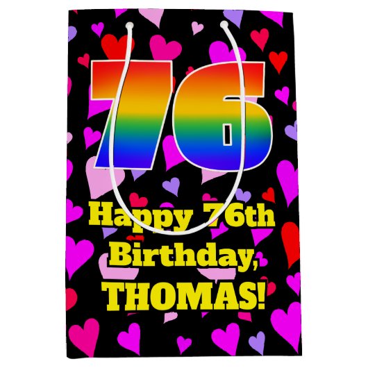 76. Geburtstag: Loving Hearts Pattern, Regenbogen Mittlere Geschenktüte (Vorderseite)