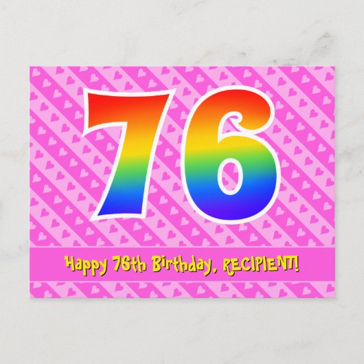 76. Geburtstag: Rosa Streifen & Herz, Regenbogen 7 Postkarte (Vorderseite)