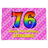 76. Geburtstag: Rosa Streifen & Herz, Regenbogen # Große Geschenktüte (Vorderseite)